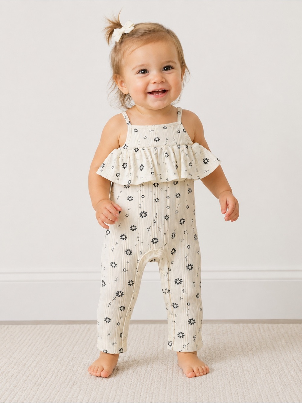 Grayson Mini by Target Baby Girls Ribbed Floral Ruffle Romper Jumpsuit Cream Bla